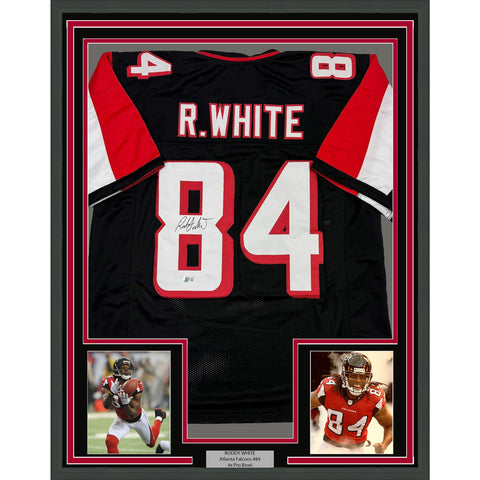 Framed Autographed/Signed Roddy White 35x39 Atlanta Black Jersey Beckett BAS COA