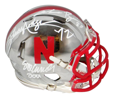 ERIC CROUCH MIKE ROZIER JOHNNY RODGERS SIGNED NEBRASKA CHROME SPEED MINI HELMET