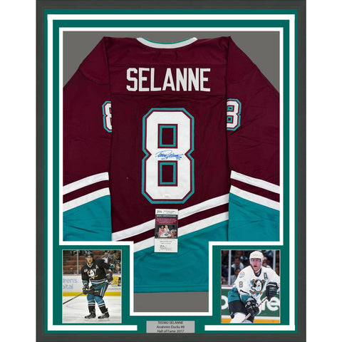 Framed Autographed/Signed Teemu Selanne 35x39 Anaheim Maroon Jersey JSA COA