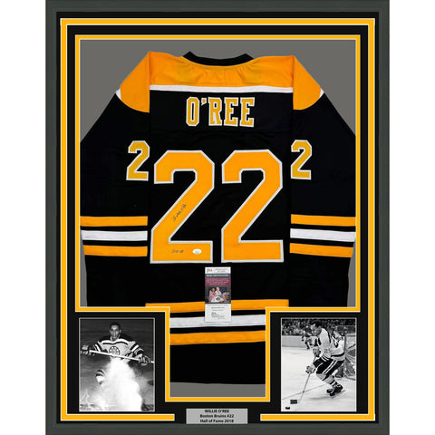 Framed Autographed/Signed Willie O'Ree "HOF 2018" 35x39 Black Jersey JSA COA