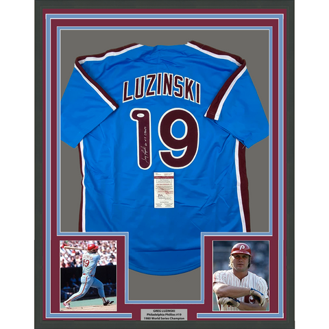 Framed Autographed Greg Luzinski 33x42 80 WS Champs Retro Blue Jersey JSA COA