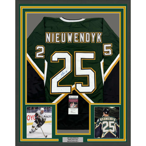 Framed Autographed/Signed Joe Nieuwendyk 35x39 Dallas Green Jersey JSA COA