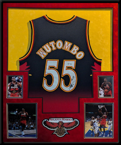 SUEDE FRAMED ATLANTA HAWKS DIKEMBE MUTOMBO SIGNED AUTOGRAPHED JERSEY PSA COA