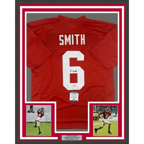 FRAMED Autographed/Signed DEVONTA SMITH 33x42 Alabama Red College Jersey BAS COA