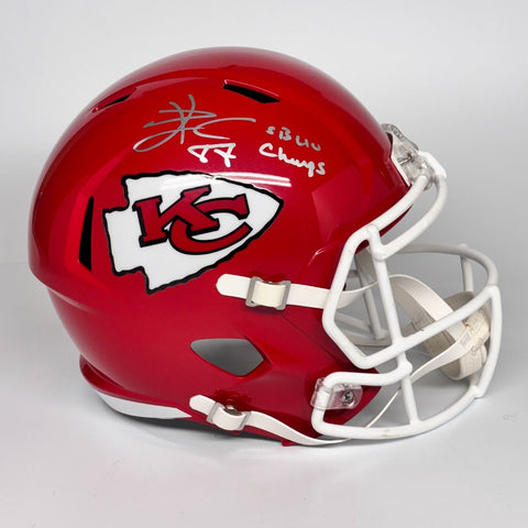 TRAVIS KELCE AUTOGRAPHED SIGNED KANSAS CITY CHIEFS FS REP HELMET SB CHAMPS BAS