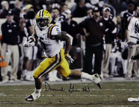 Derrius Guice Autographed LSU Tigers 16x20 Avoiding Tackle- JSA W Auth *Black