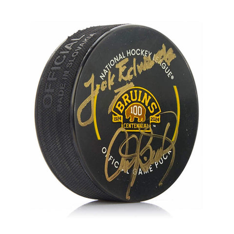 Jack Edwards Andy Brickley Boston Bruins Autographed 100th Ann Game Puck JSA PSA