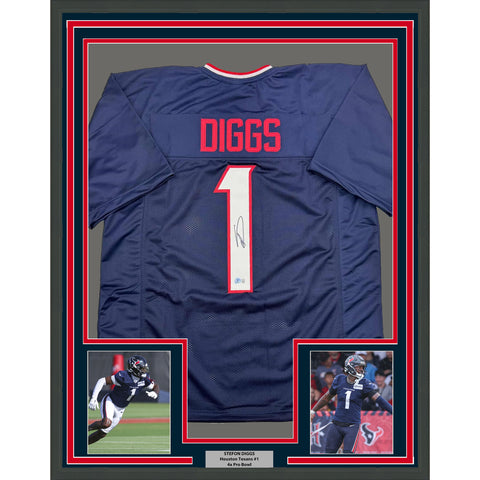 Framed Autographed/Signed Stefon Diggs 35x39 Houston Blue Jersey BAS COA