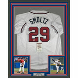 FRAMED Autographed/Signed JOHN SMOLTZ 33x42 Atlanta White Jersey JSA COA Auto