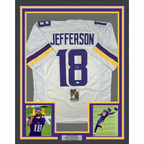 FRAMED Autographed/Signed JUSTIN JEFFERSON 33x42 Minnesota White Jersey JSA COA