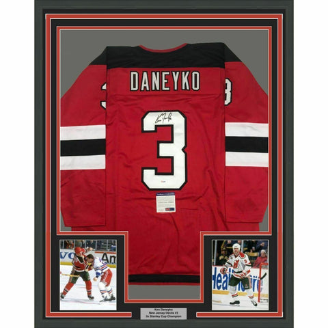 FRAMED Autographed/Signed KEN DANEYKO 33x42 New Jersey Red Jersey PSA/DNA COA