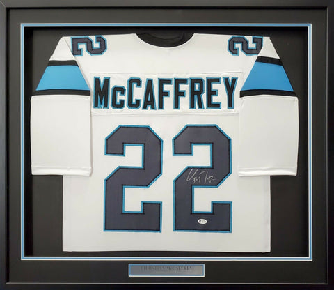 PANTHERS CHRISTIAN MCCAFFREY AUTOGRAPHED FRAMED WHITE JERSEY BECKETT 191182