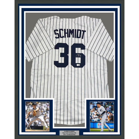 Framed Autographed/Signed Clarke Schmidt 35x39 New York Pinstripe Jersey BAS COA