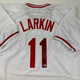 Autographed/Signed Barry Larkin Cincinnati White Baseball Jersey Beckett BAS COA