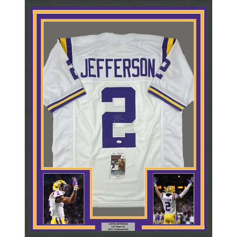 Framed Autographed/Signed Justin Jefferson 33x42 LSU White Jersey JSA COA Auto