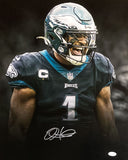 Jalen Hurts Signed 16x20 Eagles Black Jersey Spotlight Photo JSA