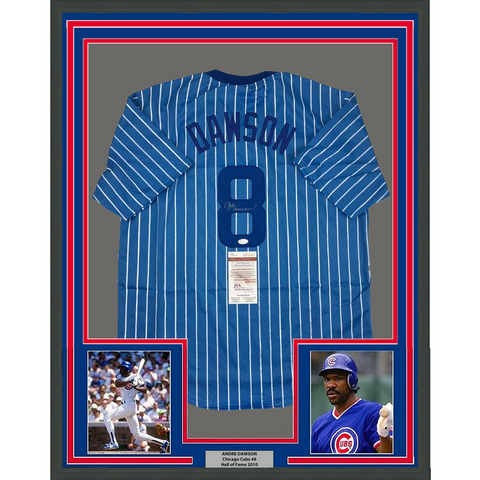 FRAMED Autographed/Signed ANDRE DAWSON 33x42 Blue Pinstripe Jersey JSA COA Auto