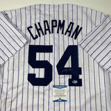 Autographed/Signed Aroldis Chapman New York Pinstripe Jersey Beckett BAS COA