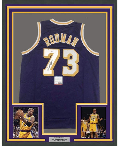 Framed Autographed/Signed Dennis Rodman 35x39 Los Angeles Purple Jersey PSA COA