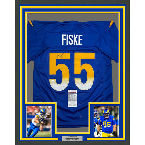 Framed Autographed/Signed Braden Fiske 35x39 Los Angeles LA Blue Jersey JSA COA