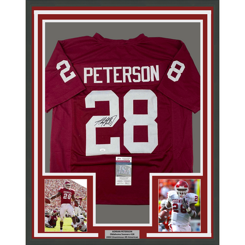 Framed Autographed/Signed Adrian Peterson 33x42 Oklahoma Maroon Jersey JSA COA