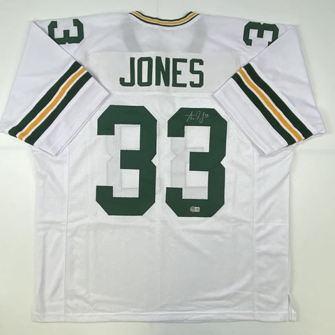 Autographed/Signed Aaron Jones Green Bay White Football Jersey Beckett BAS COA