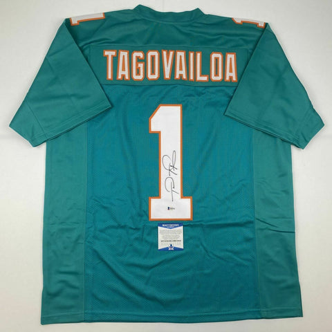 Autographed/Signed TUA TAGOVAILOA Miami Teal Football Jersey Beckett BAS COA