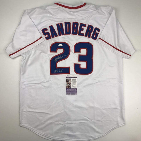 Autographed/Signed Ryne Sandberg HOF 05 Chicago White Baseball Jersey JSA COA