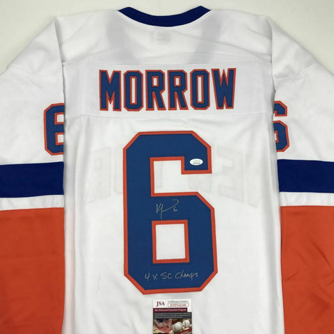 Autographed/Signed KEN MORROW 4x SC Champs New York White Hockey Jersey JSA COA