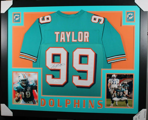 JASON TAYLOR (Dolphins teal SKYLINE) Signed Autographed Framed Jersey JSA