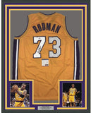 Framed Autographed/Signed Dennis Rodman 35x39 Los Angeles Yellow Jersey PSA COA