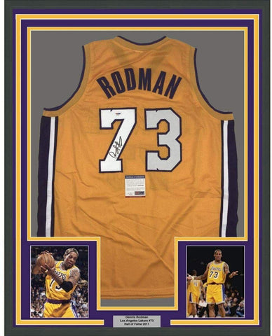 Framed Autographed/Signed Dennis Rodman 35x39 Los Angeles Yellow Jersey PSA COA