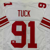 Autographed/Signed Justin Tuck New York White Football Jersey JSA COA