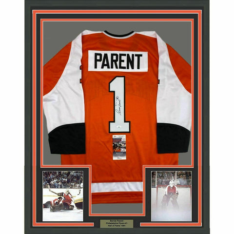 FRAMED Autographed/Signed BERNIE PARENT 33x42 Philadelphia Orange Jersey JSA COA