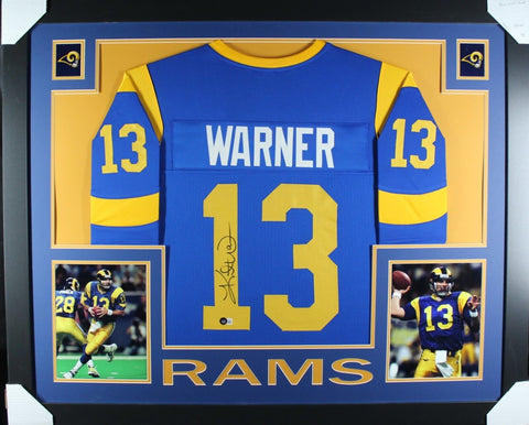 KURT WARNER (Rams throwback SKYLINE) Signed Autographed Framed Jersey Beckett