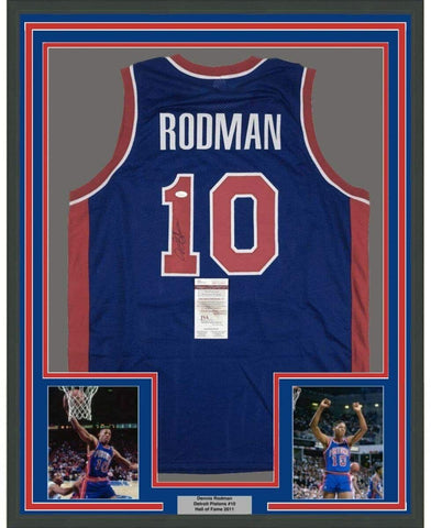 Framed Autographed/Signed Dennis Rodman 35x39 Detroit Blue Jersey JSA COA