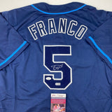 Autographed/Signed Wander Franco Tampa Bay Dark Blue Baseball Jersey JSA COA