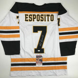 Autographed/Signed PHIL ESPOSITO Boston White Hockey Jersey JSA COA Auto