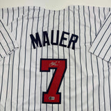 Autographed/Signed Joe Mauer Minnesota Pinstripe Baseball Jersey Beckett BAS COA