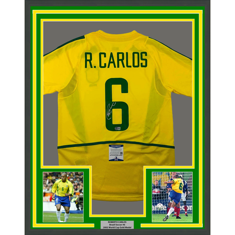 Framed Autographed/Signed Roberto Carlos 33x42 Brazil Yellow Jersey BAS COA