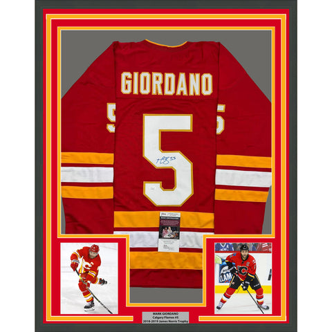 Framed Autographed/Signed Mark Giordano 35x39 Calgary Red Hockey Jersey JSA COA