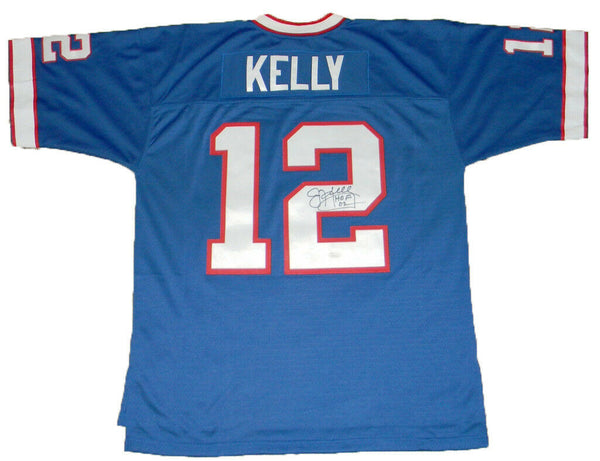 JIM KELLY SIGNED AUTOGRAPHED BUFFALO BILLS #12 MITCHELL & NESS JERSEY W/ HOF 02