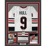 Framed Autographed/Signed Bobby Hull 33x42 HOF 1983 Chicago White Jersey JSA COA