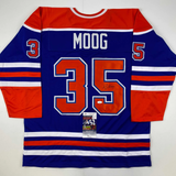 Autographed/Signed Andy Moog Edmonton Blue Hockey Jersey JSA COA