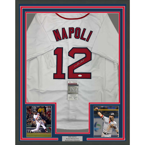 Framed Autographed/Signed Mike Napoli 35x39 Boston Red Sox White Jersey JSA COA