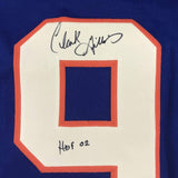 Framed Autographed/Signed Clark Gillies HOF 35x39 New York Blue Jersey JSA COA