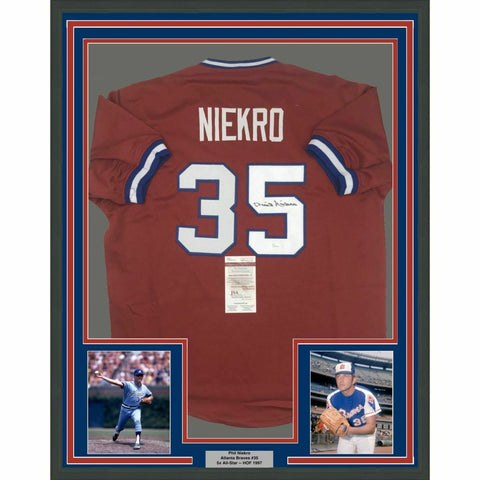 FRAMED Autographed/Signed PHIL NIEKRO 33x42 Atlanta Red Jersey JSA COA Auto