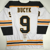 Autographed/Signed JOHNNY JOHN BUCYK HOF 1981 Boston White Hockey Jersey JSA COA