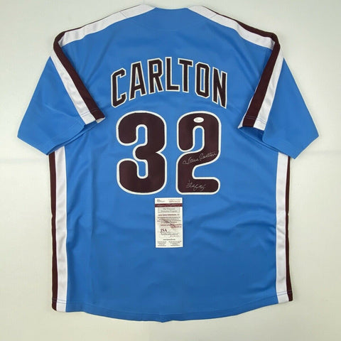 Autographed/Signed STEVE CARLTON Lefty Philadelphia Retro Blue Jersey JSA COA