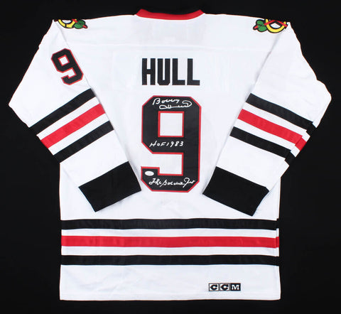 Bobby Hull Signed Chicago Blackhawks CCM Jersey Inscibed The Golden Jet & HOF 83